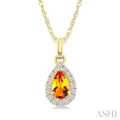 5x3 MM Pear Shape Citrine and 1/20 Ctw Round Cut Diamond Halo Semi-Precious Pendant with Chain in 10K Yellow Gold