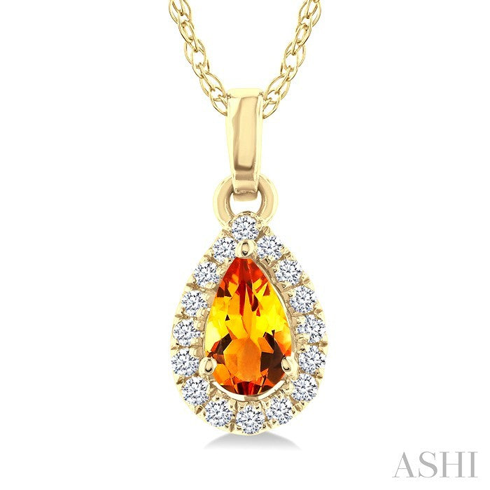 5x3 MM Pear Shape Citrine and 1/20 Ctw Round Cut Diamond Halo Semi-Precious Pendant with Chain in 10K Yellow Gold