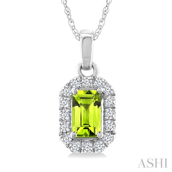 5x3 MM Octagonal Shape Peridot and 1/20 Ctw Round Cut Diamond Halo Semi-Precious Pendant with Chain in 10K White Gold