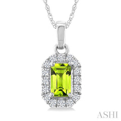 5x3 MM Octagonal Shape Peridot and 1/20 Ctw Round Cut Diamond Halo Semi-Precious Pendant with Chain in 10K White Gold