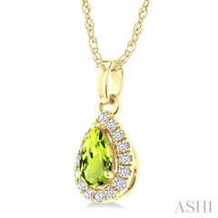 5x3 MM Pear Shape Peridot and 1/20 Ctw Round Cut Diamond Halo Semi-Precious Pendant with Chain in 10K Yellow Gold