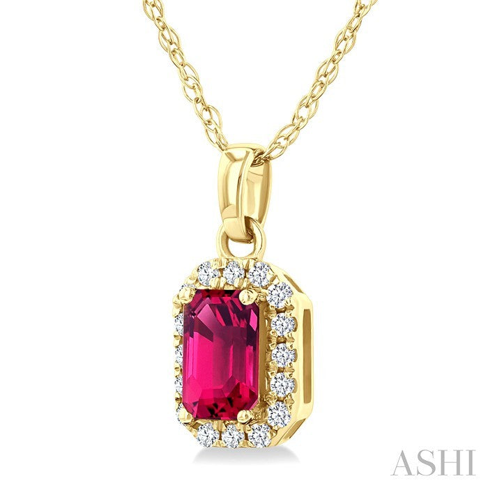 5x3 MM Octagonal Shape Pink Tourmaline and 1/20 Ctw Round Cut Diamond Halo Semi-Precious Pendant with Chain in 10K Yellow Gold