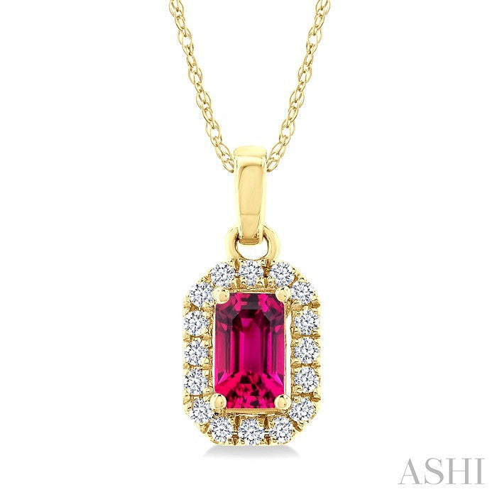 5x3 MM Octagonal Shape Pink Tourmaline and 1/20 Ctw Round Cut Diamond Halo Semi-Precious Pendant with Chain in 10K Yellow Gold