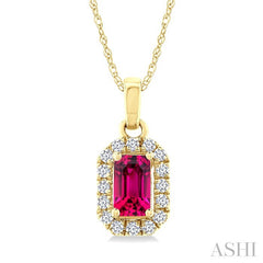 5x3 MM Octagonal Shape Pink Tourmaline and 1/20 Ctw Round Cut Diamond Halo Semi-Precious Pendant with Chain in 10K Yellow Gold