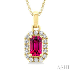 5x3 MM Octagonal Shape Pink Tourmaline and 1/20 Ctw Round Cut Diamond Halo Semi-Precious Pendant with Chain in 10K Yellow Gold