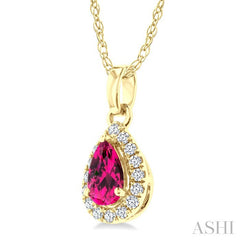 5x3 MM Pear Shape Pink Tourmaline and 1/20 Ctw Round Cut Diamond Halo Semi-Precious Pendant with Chain in 10K Yellow Gold