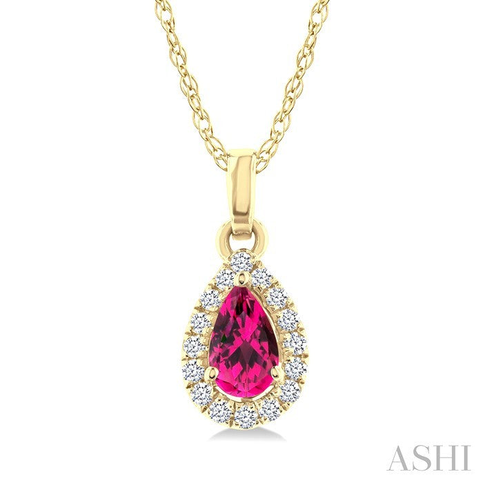 5x3 MM Pear Shape Pink Tourmaline and 1/20 Ctw Round Cut Diamond Halo Semi-Precious Pendant with Chain in 10K Yellow Gold