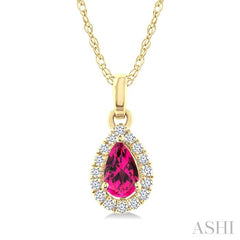 5x3 MM Pear Shape Pink Tourmaline and 1/20 Ctw Round Cut Diamond Halo Semi-Precious Pendant with Chain in 10K Yellow Gold