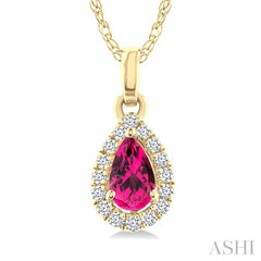 5x3 MM Pear Shape Pink Tourmaline and 1/20 Ctw Round Cut Diamond Halo Semi-Precious Pendant with Chain in 10K Yellow Gold