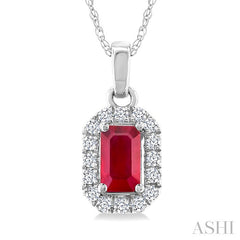 5x3 MM Octagonal Shape Ruby and 1/20 Ctw Round Cut Diamond Halo Precious Pendant with Chain in 10K White Gold