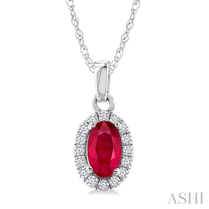 5x3 MM Oval Shape Ruby and 1/20 Ctw Round Cut Diamond Halo Precious Pendant with Chain in 10K White Gold