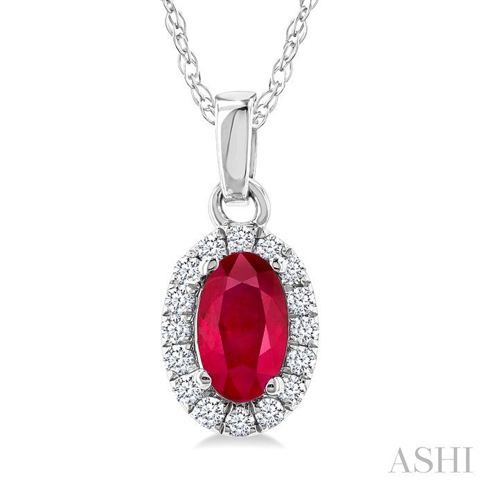 5x3 MM Oval Shape Ruby and 1/20 Ctw Round Cut Diamond Halo Precious Pendant with Chain in 10K White Gold