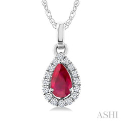 5x3 MM Pear Shape Ruby and 1/20 Ctw Round Cut Diamond Halo Precious Pendant with Chain in 10K White Gold