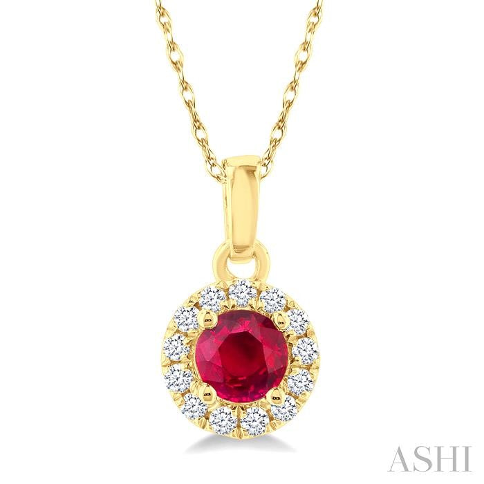 3.25 MM Round Ruby and 1/20 Ctw Round Cut Diamond Halo Precious Pendant with Chain in 10K Yellow Gold