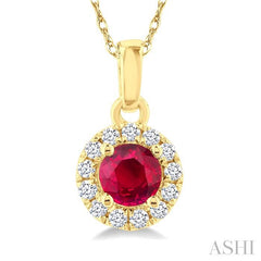 3.25 MM Round Ruby and 1/20 Ctw Round Cut Diamond Halo Precious Pendant with Chain in 10K Yellow Gold