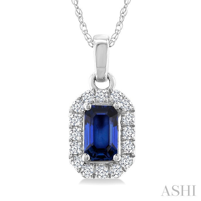 5x3 MM Octagonal Shape Sapphire and 1/20 Ctw Round Cut Diamond Halo Precious Pendant with Chain in 10K White Gold