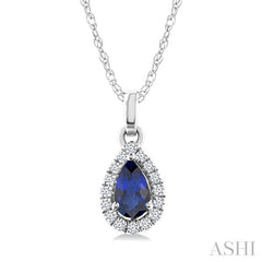 5x3 MM Pear Shape Sapphire and 1/20 Ctw Round Cut Diamond Halo Precious Pendant with Chain in 10K White Gold