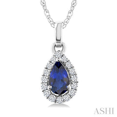 5x3 MM Pear Shape Sapphire and 1/20 Ctw Round Cut Diamond Halo Precious Pendant with Chain in 10K White Gold