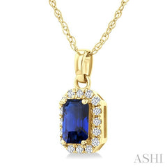 5x3 MM Octagonal Shape Sapphire and 1/20 Ctw Round Cut Diamond Halo Precious Pendant with Chain in 10K Yellow Gold