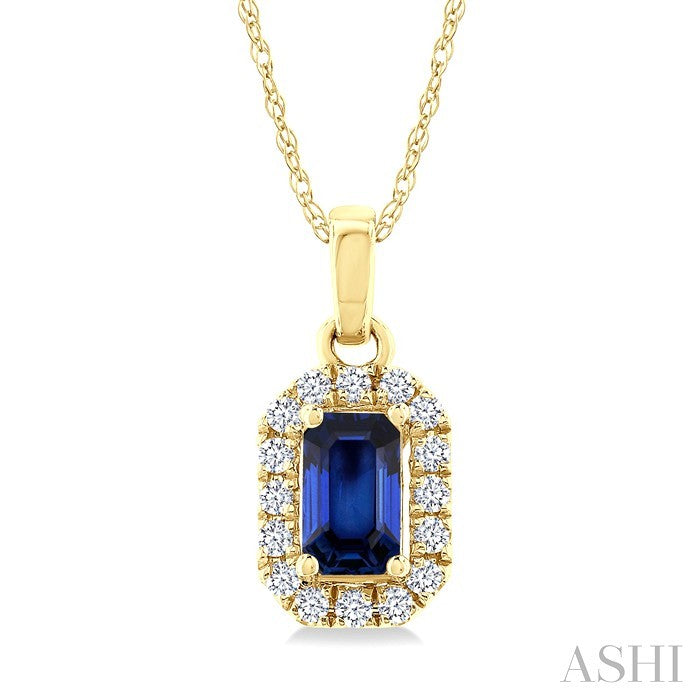 5x3 MM Octagonal Shape Sapphire and 1/20 Ctw Round Cut Diamond Halo Precious Pendant with Chain in 10K Yellow Gold