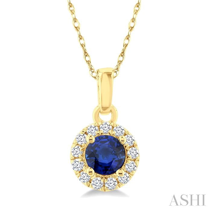 3.25 MM Round Sapphire and 1/20 Ctw Round Cut Diamond Halo Precious Pendant with Chain in 10K Yellow Gold