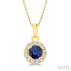 3.25 MM Round Sapphire and 1/20 Ctw Round Cut Diamond Halo Precious Pendant with Chain in 10K Yellow Gold