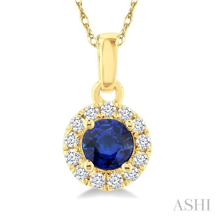 3.25 MM Round Sapphire and 1/20 Ctw Round Cut Diamond Halo Precious Pendant with Chain in 10K Yellow Gold