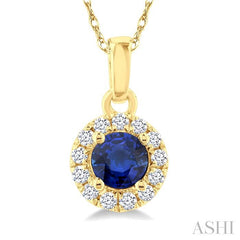 3.25 MM Round Sapphire and 1/20 Ctw Round Cut Diamond Halo Precious Pendant with Chain in 10K Yellow Gold