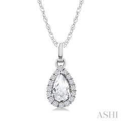 5x3 MM Pear Shape White Topaz and 1/20 Ctw Round Cut Diamond Halo Semi-Precious Pendant with Chain in 10K White Gold