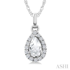 5x3 MM Pear Shape White Topaz and 1/20 Ctw Round Cut Diamond Halo Semi-Precious Pendant with Chain in 10K White Gold