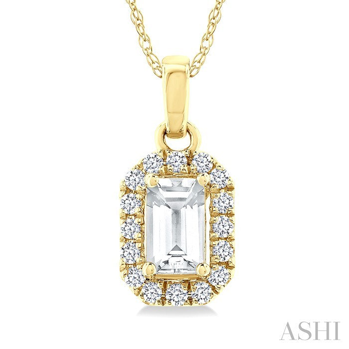 5x3 MM Octagonal Shape White Topaz and 1/20 Ctw Round Cut Diamond Halo Semi-Precious Pendant with Chain in 10K Yellow Gold