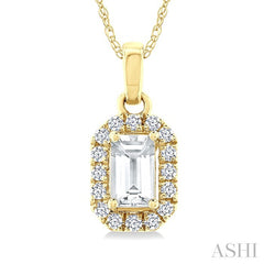 5x3 MM Octagonal Shape White Topaz and 1/20 Ctw Round Cut Diamond Halo Semi-Precious Pendant with Chain in 10K Yellow Gold
