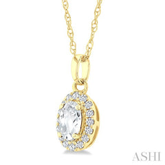 5x3 MM Oval Shape White Topaz and 1/20 Ctw Round Cut Diamond Halo Semi-Precious Pendant with Chain in 10K Yellow Gold
