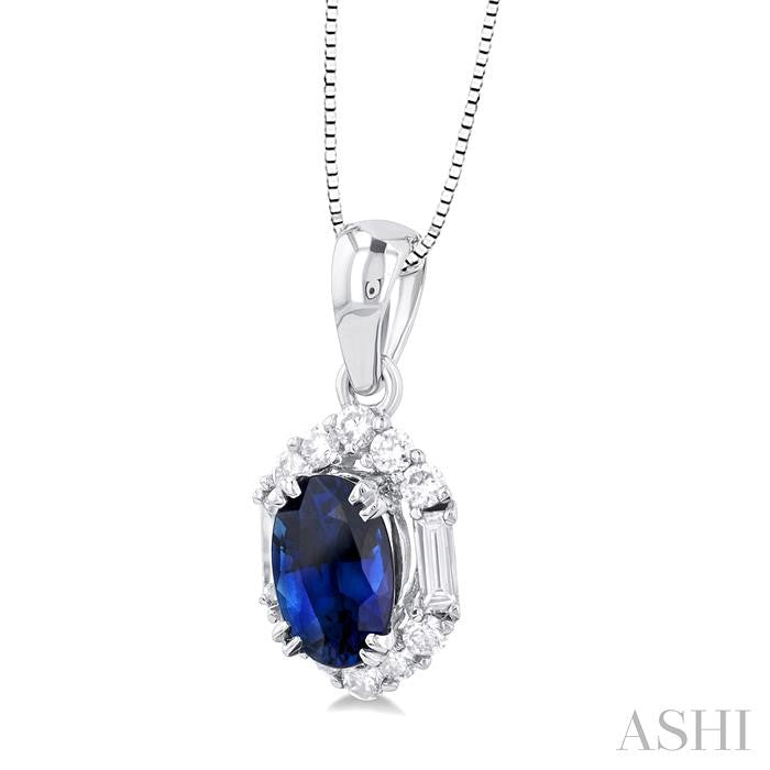 6x4 MM Oval Cut Sapphire and 1/5 Ctw Baguette & Round Cut Diamond Hexagon Shape Halo Precious Pendant With Chain in 10K White Gold