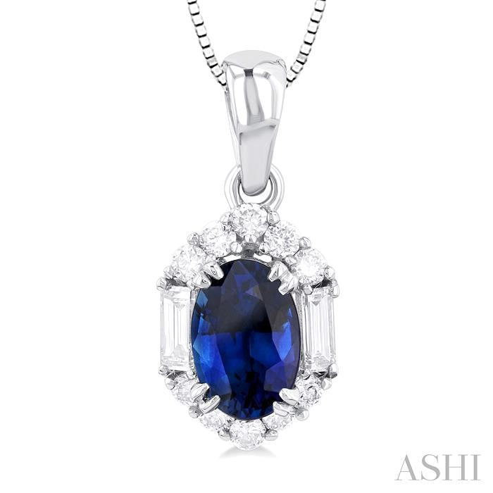 6x4 MM Oval Cut Sapphire and 1/5 Ctw Baguette & Round Cut Diamond Hexagon Shape Halo Precious Pendant With Chain in 10K White Gold