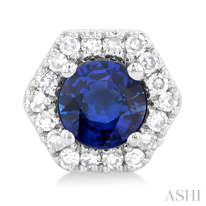 3.5 MM Round Sapphire and 1/10 Ctw Round Cut Diamonds Halo Precious Stud Earrings in 10K White Gold