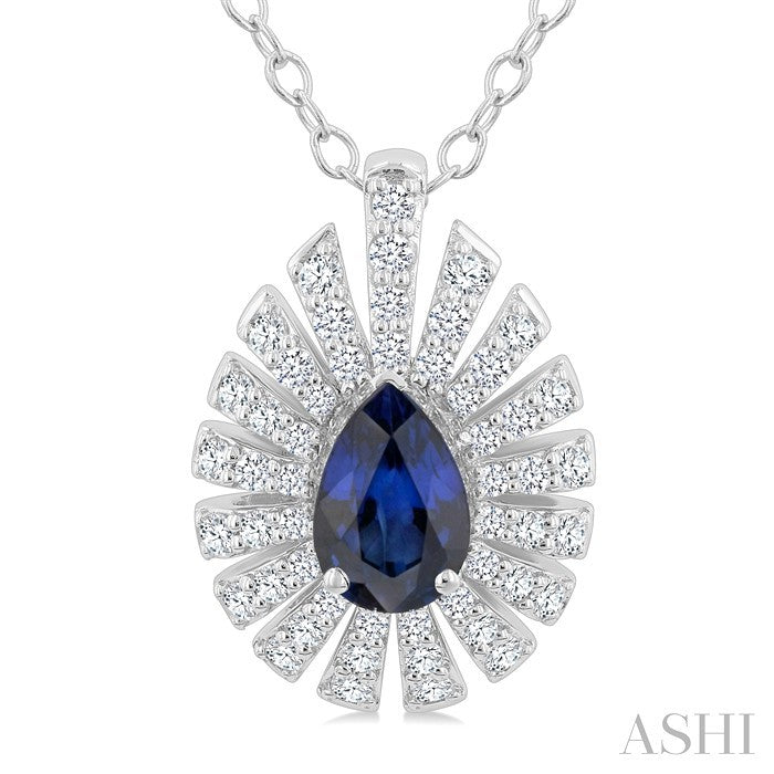 6X4 MM Pear Cut Sapphire and 1/3 Ctw Starburst Round Cut Diamond Precious Pendant With Chain in 14K White Gold
