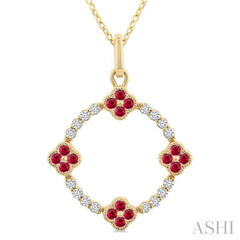 1.25 MM Clover Circle Ruby and 1/8 Ctw Round Cut Diamond Precious Pendant With Chain in 10K Yellow Gold