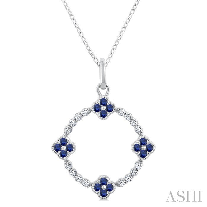 1.25 MM Clover Circle Sapphire and 1/8 Ctw Round Cut Diamond Precious Pendant With Chain in 10K White Gold