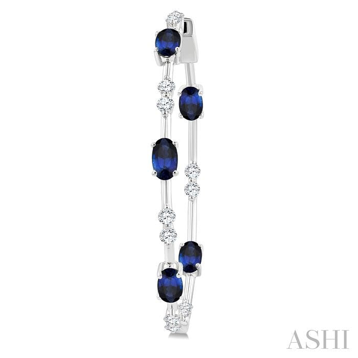 5x3 MM Oval Shape Sapphire and 7/8 Ctw Round Cut Diamond Precious Inside-Out Hoop Earrings in 14K White Gold