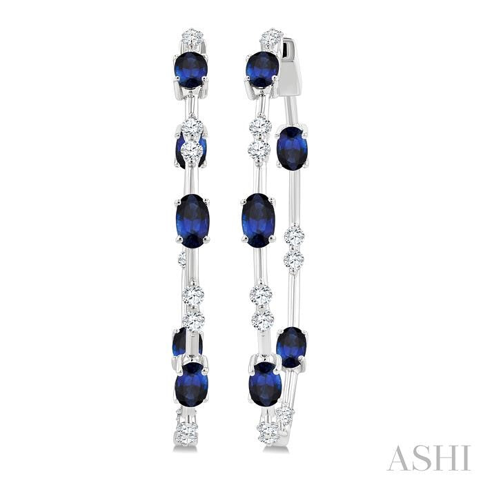 5x3 MM Oval Shape Sapphire and 7/8 Ctw Round Cut Diamond Precious Inside-Out Hoop Earrings in 14K White Gold