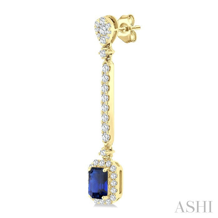 6x4 MM Emerald Cut Sapphire and 7/8 Ctw Round Cut Diamond Halo Precious Earrings in 14K Yellow Gold