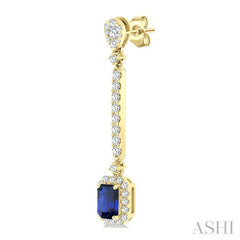 6x4 MM Emerald Cut Sapphire and 7/8 Ctw Round Cut Diamond Halo Precious Earrings in 14K Yellow Gold
