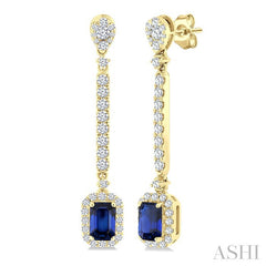6x4 MM Emerald Cut Sapphire and 7/8 Ctw Round Cut Diamond Halo Precious Earrings in 14K Yellow Gold