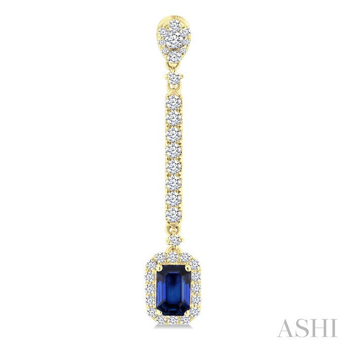 6x4 MM Emerald Cut Sapphire and 7/8 Ctw Round Cut Diamond Halo Precious Earrings in 14K Yellow Gold
