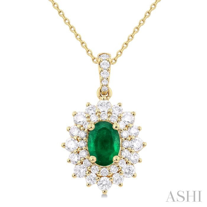 7x5 MM Oval Cut Emerald and 3/4 Ctw Round Cut Diamond Precious Pendant With Chain in 14K Yellow Gold