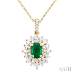 7x5 MM Oval Cut Emerald and 3/4 Ctw Round Cut Diamond Precious Pendant With Chain in 14K Yellow Gold