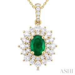 7x5 MM Oval Cut Emerald and 3/4 Ctw Round Cut Diamond Precious Pendant With Chain in 14K Yellow Gold