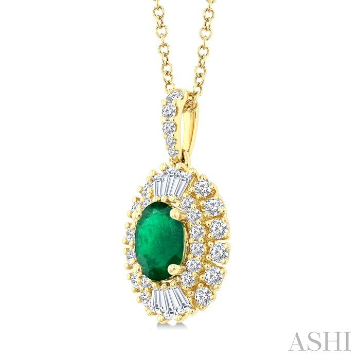 7x5 MM Oval Cut Emerald and 5/8 Ctw Baguette & Round Cut Diamond Precious Pendant With Chain in 14K Yellow Gold
