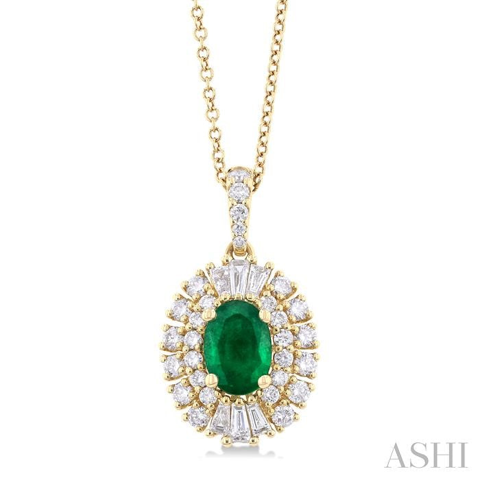 7x5 MM Oval Cut Emerald and 5/8 Ctw Baguette & Round Cut Diamond Precious Pendant With Chain in 14K Yellow Gold